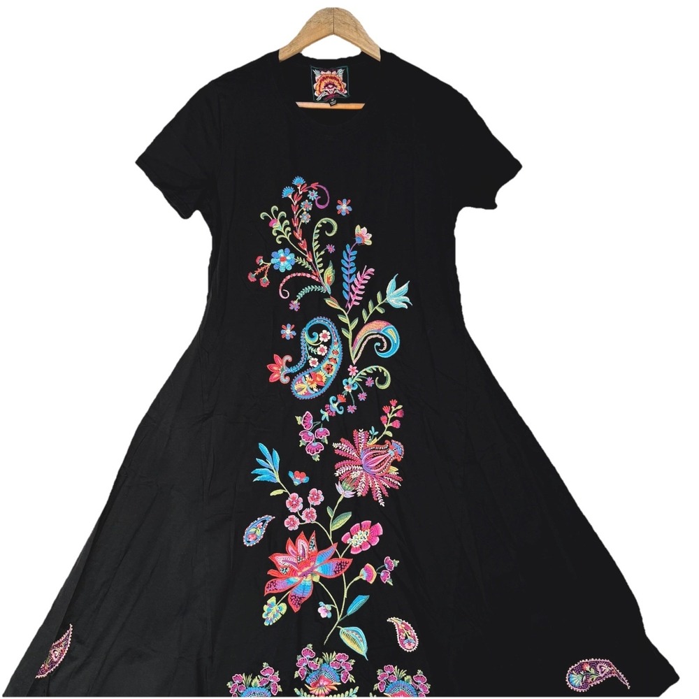 Johnny Was Handkerchief Hem Knit Dress Womens Medium Black Cotton Floral Paisley